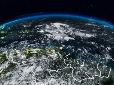 Karayipler görünür ülke sınırları ile dünya üzerindeki gece uzaydan. 3D çizim. Nasa tarafından döşenmiş bu görüntü unsurları.