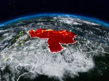 Venezuela görünür ülke sınırları ile dünya üzerindeki gece uzaydan. 3D çizim. Nasa tarafından döşenmiş bu görüntü unsurları.