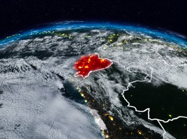 Ekvador görünür ülke sınırları ile dünya üzerindeki gece uzaydan. 3D çizim. Nasa tarafından döşenmiş bu görüntü unsurları.