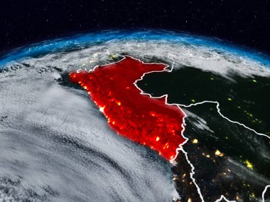 Peru görünür ülke sınırları ile dünya üzerindeki gece uzaydan. 3D çizim. Nasa tarafından döşenmiş bu görüntü unsurları.