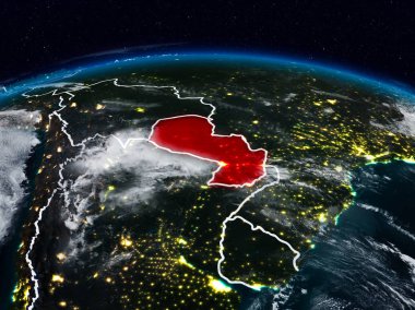 Paraguay görünür ülke sınırları ile dünya üzerindeki gece uzaydan. 3D çizim. Nasa tarafından döşenmiş bu görüntü unsurları.