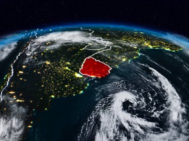 Uruguay görünür ülke sınırları ile dünya üzerindeki gece uzaydan. 3D çizim. Nasa tarafından döşenmiş bu görüntü unsurları.