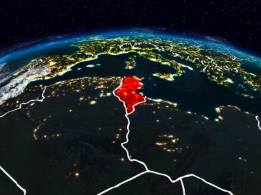 Tunus görünür ülke sınırları ile dünya üzerindeki gece uzaydan. 3D çizim. Nasa tarafından döşenmiş bu görüntü unsurları.
