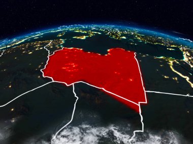 Libya görünür ülke sınırları ile dünya üzerindeki gece uzaydan. 3D çizim. Nasa tarafından döşenmiş bu görüntü unsurları.
