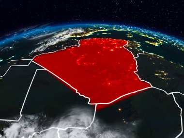Cezayir görünür ülke sınırları ile dünya üzerindeki gece uzaydan. 3D çizim. Nasa tarafından döşenmiş bu görüntü unsurları.