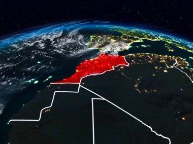 Fas görünür ülke sınırları ile dünya üzerindeki gece uzaydan. 3D çizim. Nasa tarafından döşenmiş bu görüntü unsurları.
