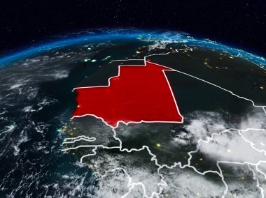 Moritanya görünür ülke sınırları ile dünya üzerindeki gece uzaydan. 3D çizim. Nasa tarafından döşenmiş bu görüntü unsurları.