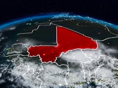Mali görünür ülke sınırları ile dünya üzerindeki gece uzaydan. 3D çizim. Nasa tarafından döşenmiş bu görüntü unsurları.