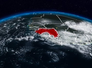 Gine görünür ülke sınırları ile dünya üzerindeki gece uzaydan. 3D çizim. Nasa tarafından döşenmiş bu görüntü unsurları.