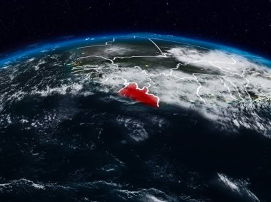 Liberya görünür ülke sınırları ile dünya üzerindeki gece uzaydan. 3D çizim. Nasa tarafından döşenmiş bu görüntü unsurları.