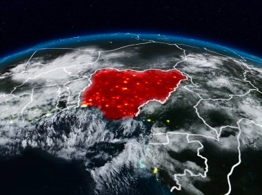 Nijerya görünür ülke sınırları ile dünya üzerindeki gece uzaydan. 3D çizim. Nasa tarafından döşenmiş bu görüntü unsurları.