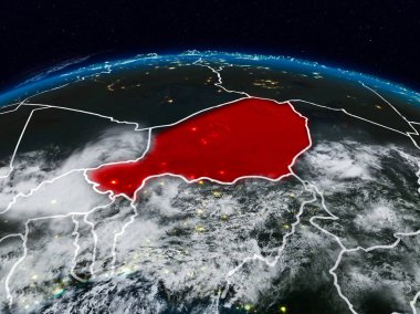 Nijer görünür ülke sınırları ile dünya üzerindeki gece uzaydan. 3D çizim. Nasa tarafından döşenmiş bu görüntü unsurları.