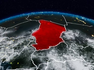Chad görünür ülke sınırları ile dünya üzerindeki gece uzaydan. 3D çizim. Nasa tarafından döşenmiş bu görüntü unsurları.