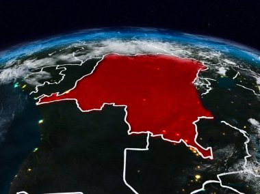 Demokratik Kongo Cumhuriyeti görünür ülke sınırları ile dünya üzerindeki gece uzaydan. 3D çizim. Nasa tarafından döşenmiş bu görüntü unsurları.