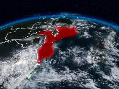 Mozambik görünür ülke sınırları ile dünya üzerindeki gece uzaydan. 3D çizim. Nasa tarafından döşenmiş bu görüntü unsurları.