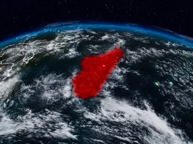 Madagaskar görünür ülke sınırları ile dünya üzerindeki gece uzaydan. 3D çizim. Nasa tarafından döşenmiş bu görüntü unsurları.