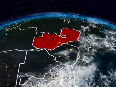 Zambiya görünür ülke sınırları ile dünya üzerindeki gece uzaydan. 3D çizim. Nasa tarafından döşenmiş bu görüntü unsurları.