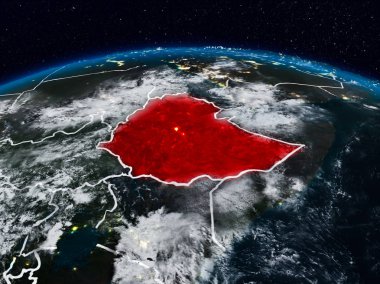 Etiyopya görünür ülke sınırları ile dünya üzerindeki gece uzaydan. 3D çizim. Nasa tarafından döşenmiş bu görüntü unsurları.
