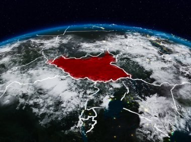 Güney Sudan görünür ülke sınırları ile dünya üzerindeki gece uzaydan. 3D çizim. Nasa tarafından döşenmiş bu görüntü unsurları.