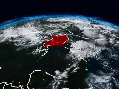 Uganda görünür ülke sınırları ile dünya üzerindeki gece uzaydan. 3D çizim. Nasa tarafından döşenmiş bu görüntü unsurları.