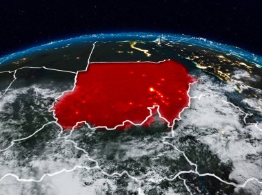 Sudan görünür ülke sınırları ile dünya üzerindeki gece uzaydan. 3D çizim. Nasa tarafından döşenmiş bu görüntü unsurları.
