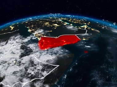 Yemen görünür ülke sınırları ile dünya üzerindeki gece uzaydan. 3D çizim. Nasa tarafından döşenmiş bu görüntü unsurları.