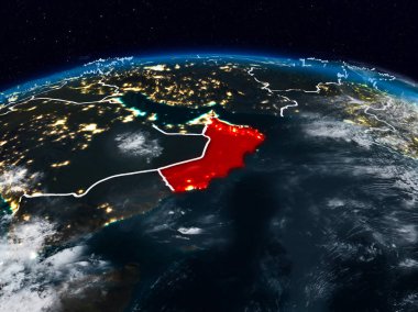 Umman görünür ülke sınırları ile dünya üzerindeki gece uzaydan. 3D çizim. Nasa tarafından döşenmiş bu görüntü unsurları.