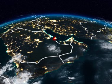 Katar görünür ülke sınırları ile dünya üzerindeki gece uzaydan. 3D çizim. Nasa tarafından döşenmiş bu görüntü unsurları.