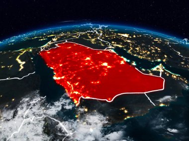 Suudi Arabistan görünür ülke sınırları ile dünya üzerindeki gece uzaydan. 3D çizim. Nasa tarafından döşenmiş bu görüntü unsurları.