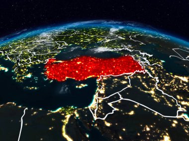 Türkiye görünür ülke sınırları ile dünya üzerindeki gece uzaydan. 3D çizim. Nasa tarafından döşenmiş bu görüntü unsurları.