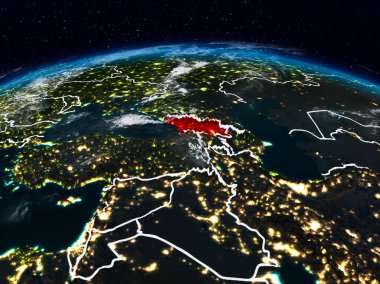 Georgia görünür ülke sınırları ile dünya üzerindeki gece uzaydan. 3D çizim. Nasa tarafından döşenmiş bu görüntü unsurları.