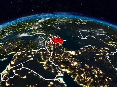 Azerbaycan görünür ülke sınırları ile dünya üzerindeki gece uzaydan. 3D çizim. Nasa tarafından döşenmiş bu görüntü unsurları.