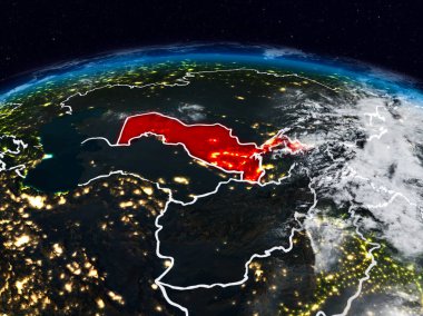 Özbekistan görünür ülke sınırları ile dünya üzerindeki gece uzaydan. 3D çizim. Nasa tarafından döşenmiş bu görüntü unsurları.