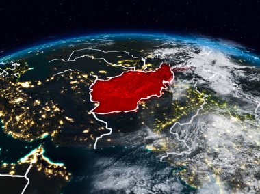 Afganistan görünür ülke sınırları ile dünya üzerindeki gece uzaydan. 3D çizim. Nasa tarafından döşenmiş bu görüntü unsurları.