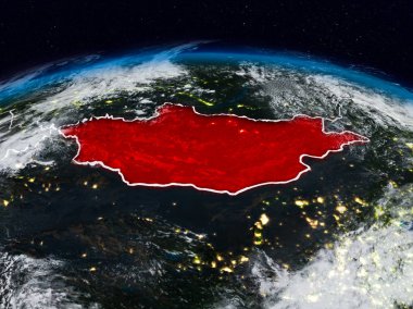 Moğolistan görünür ülke sınırları ile dünya üzerindeki gece uzaydan. 3D çizim. Nasa tarafından döşenmiş bu görüntü unsurları.