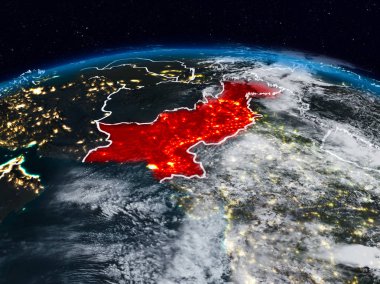 Pakistan görünür ülke sınırları ile dünya üzerindeki gece uzaydan. 3D çizim. Nasa tarafından döşenmiş bu görüntü unsurları.
