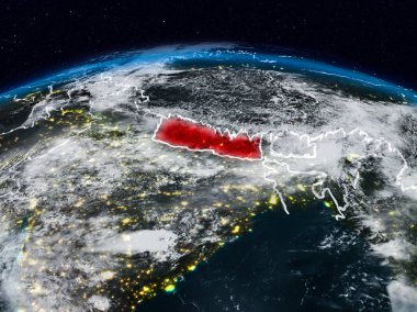 Nepal görünür ülke sınırları ile dünya üzerindeki gece uzaydan. 3D çizim. Nasa tarafından döşenmiş bu görüntü unsurları.