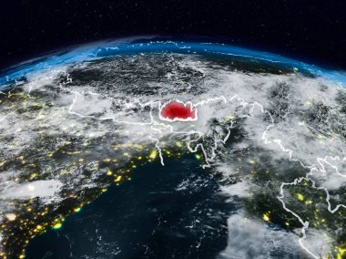 Bhutan görünür ülke sınırları ile dünya üzerindeki gece uzaydan. 3D çizim. Nasa tarafından döşenmiş bu görüntü unsurları.
