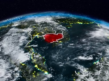 Kamboçya'dan gece görünür ülke sınırları ile alanı Dünya '. 3D çizim. Nasa tarafından döşenmiş bu görüntü unsurları.