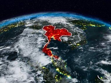 Tayland görünür ülke sınırları ile dünya üzerindeki gece uzaydan. 3D çizim. Nasa tarafından döşenmiş bu görüntü unsurları.
