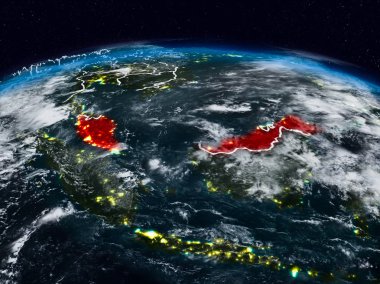 Malezya görünür ülke sınırları ile dünya üzerindeki gece uzaydan. 3D çizim. Nasa tarafından döşenmiş bu görüntü unsurları.