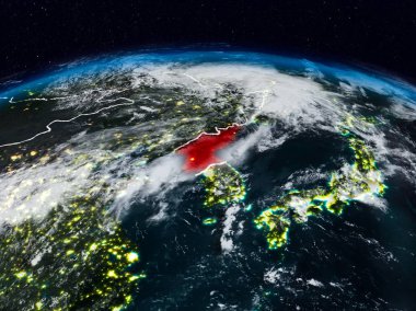Kuzey Kore görünür ülke sınırları ile dünya üzerindeki gece uzaydan. 3D çizim. Nasa tarafından döşenmiş bu görüntü unsurları.