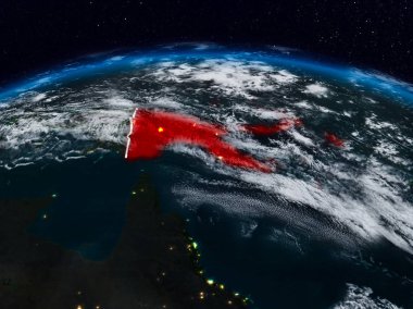 Papua Yeni Gine görünür ülke sınırları ile dünya üzerindeki gece uzaydan. 3D çizim. Nasa tarafından döşenmiş bu görüntü unsurları.