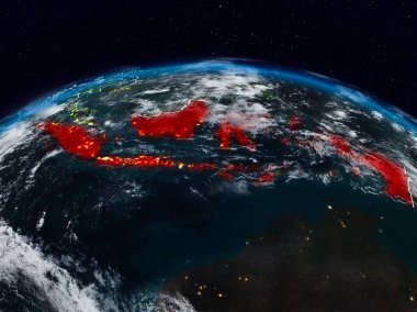 Endonezya görünür ülke sınırları ile dünya üzerindeki gece uzaydan. 3D çizim. Nasa tarafından döşenmiş bu görüntü unsurları.