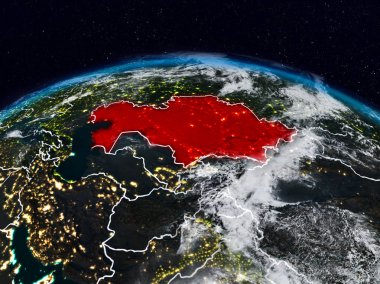 Kazakistan görünür ülke sınırları ile dünya üzerindeki gece uzaydan. 3D çizim. Nasa tarafından döşenmiş bu görüntü unsurları.