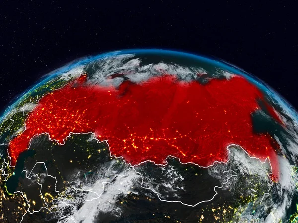 Russia from space at night on Earth with visible country borders. 3D illustration. Elements of this image furnished by NASA.