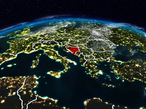 Bosnië Herzegovina Vanuit Ruimte Nacht Aarde Met Zichtbare Landsgrenzen Illustratie — Stockfoto
