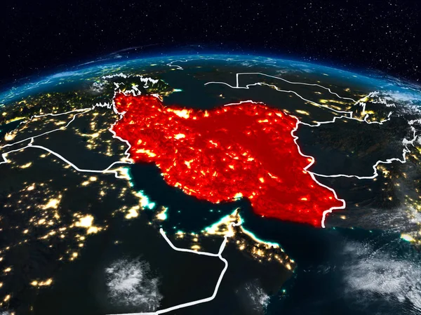 Iran from space at night on Earth with visible country borders. 3D illustration. Elements of this image furnished by NASA.