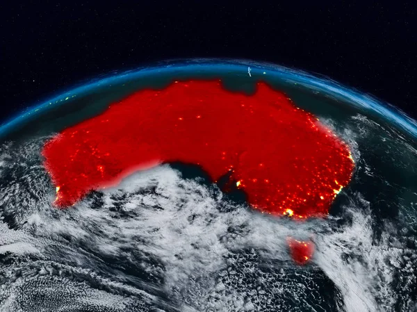 Australia from space at night on Earth with visible country borders. 3D illustration. Elements of this image furnished by NASA.