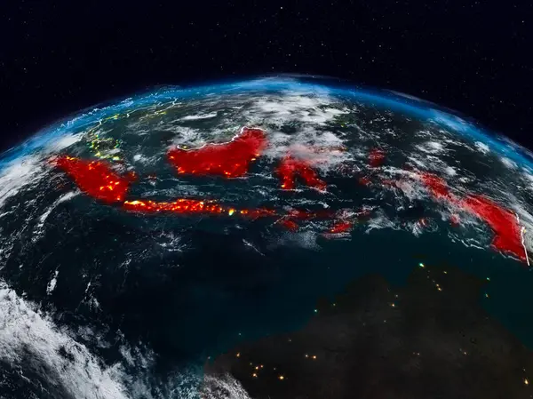 Endonezya görünür ülke sınırları ile dünya üzerindeki gece uzaydan. 3D çizim. Nasa tarafından döşenmiş bu görüntü unsurları.